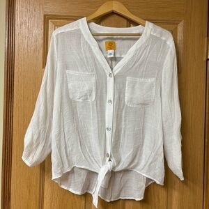 Ruby Rd. White Button Down Shirt with Mandarin Collar and Tie Front Petite XL